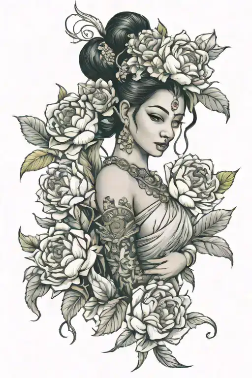 apsara with roses, peonies and rumduol flowers tattoo design idea