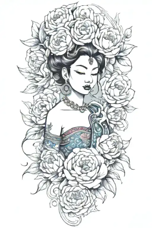 peonies, roses and rumduol around an apsara   add lots of color tattoo design idea