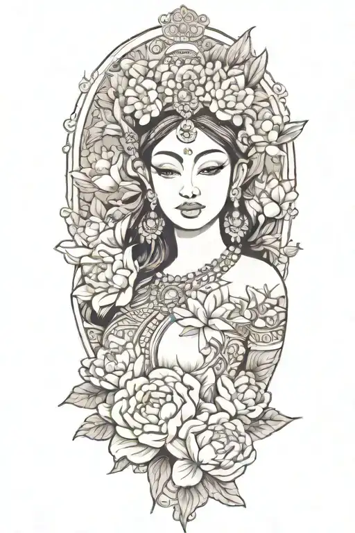 apsara with headdress surrounded by roses, peonies and lotus flowers  tattoo design idea