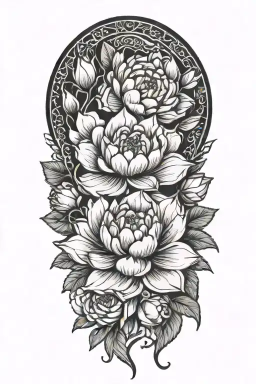 angkor watt surrounded by roses, peonies and lotus flowers  tattoo design idea