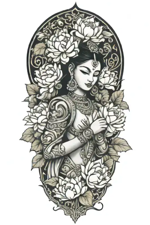 Cambodia apsara surrounded in peonies, roses and lotus flowers tattoo design idea