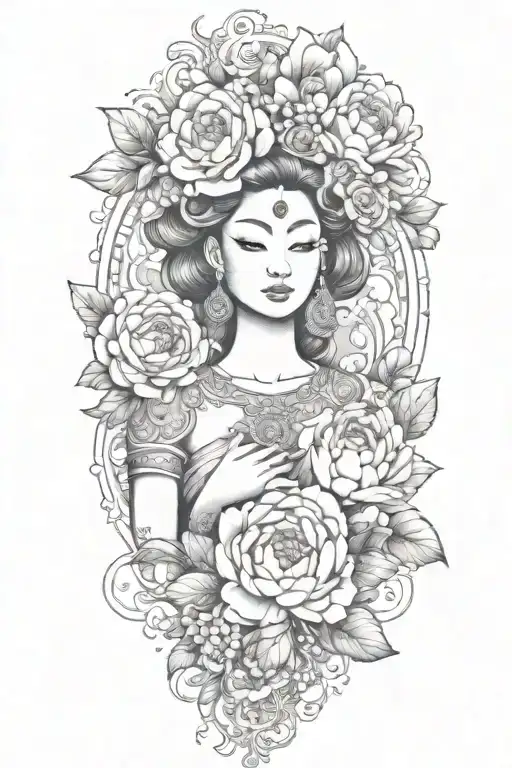 color peonies, roses and rumduol around an apsara tattoo design idea