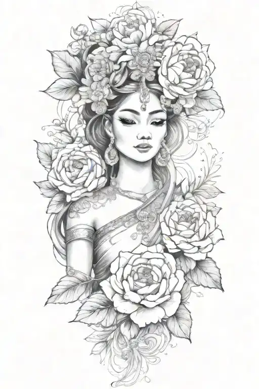 color peonies, roses and rumduol around a Cambodian  apsara dancer with jewelry  tattoo design idea