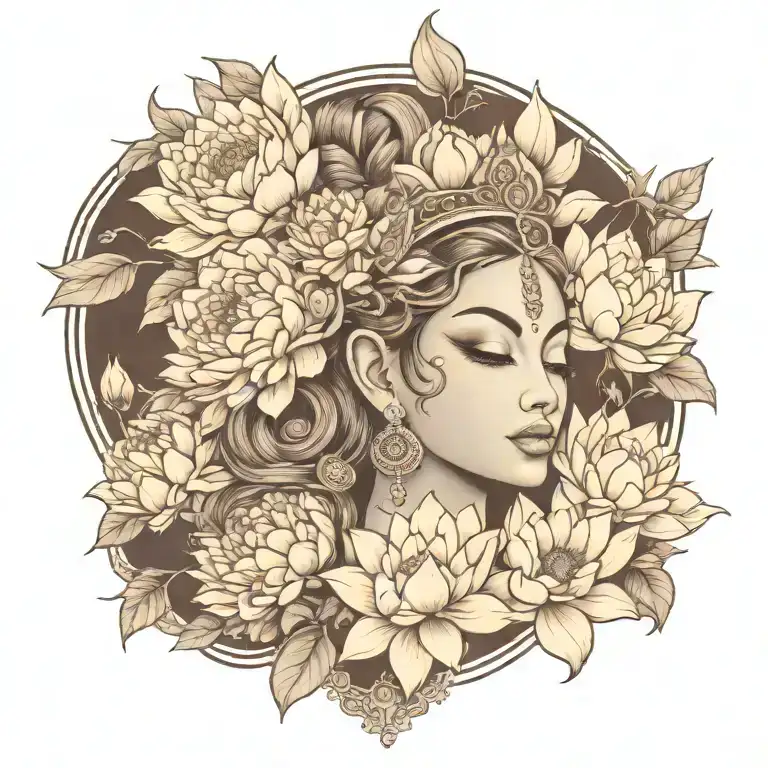 apsara with headdress surrounded by roses, peonies and lotus flowers  tattoo design idea