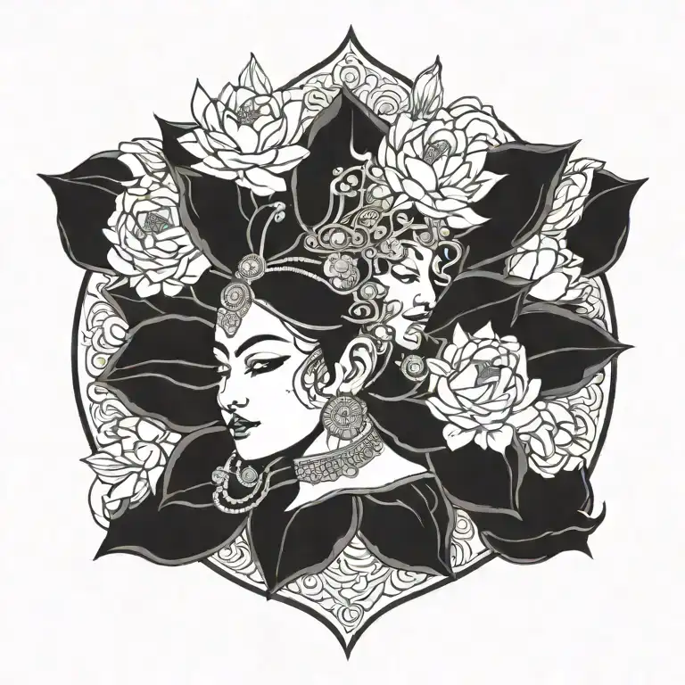 apsara with headdress surrounded by roses, peonies and lotus flowers  tattoo design idea