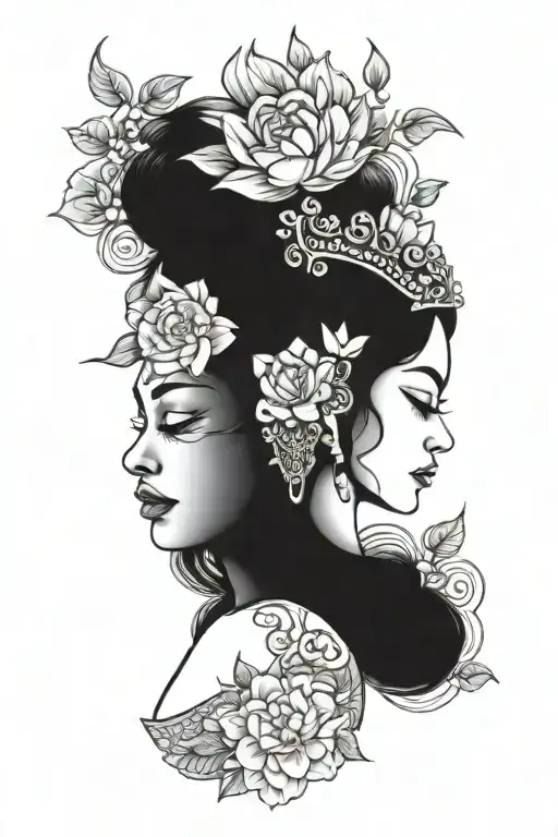 Cambodian apsara face with peonies, lotus flower and roses  tattoo design idea