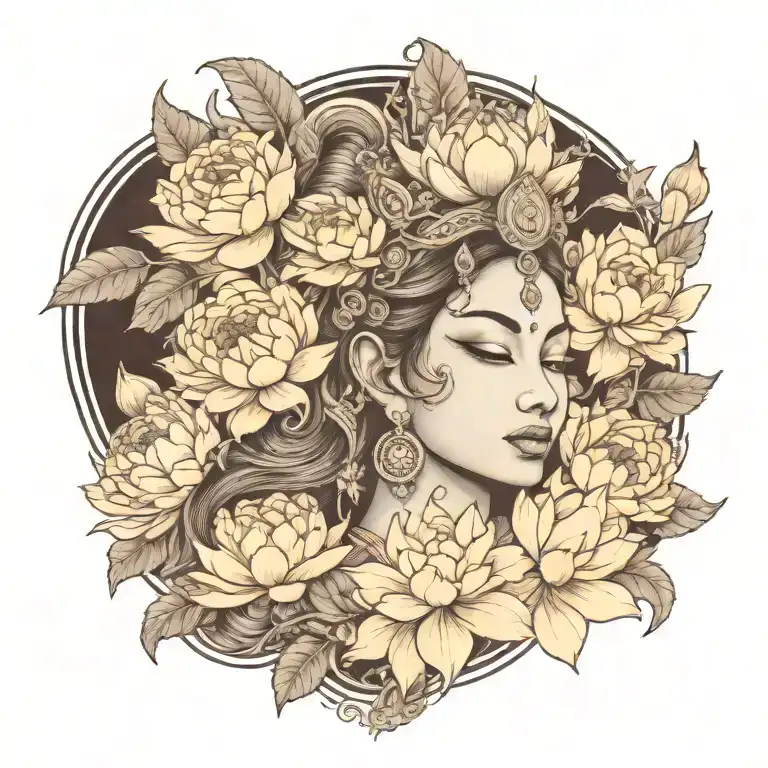 apsara with headdress surrounded by roses, peonies and lotus flowers  tattoo design idea