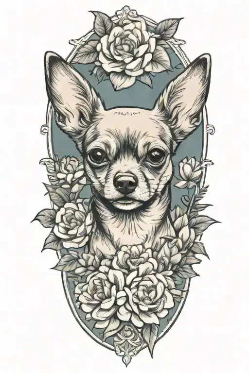 chihuahua mix dog with peonies around   tattoo design idea