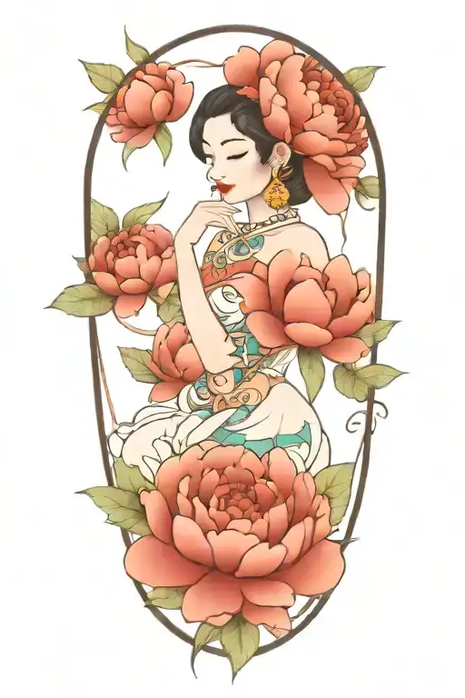 peonies, roses and rumduol around an apsara   tattoo design idea