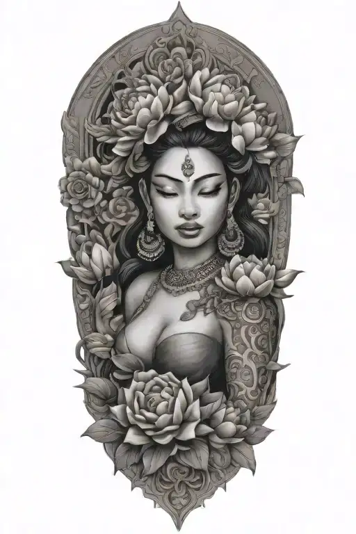 Cambodia apsara surrounded in peonies, roses and lotus flowers tattoo design idea