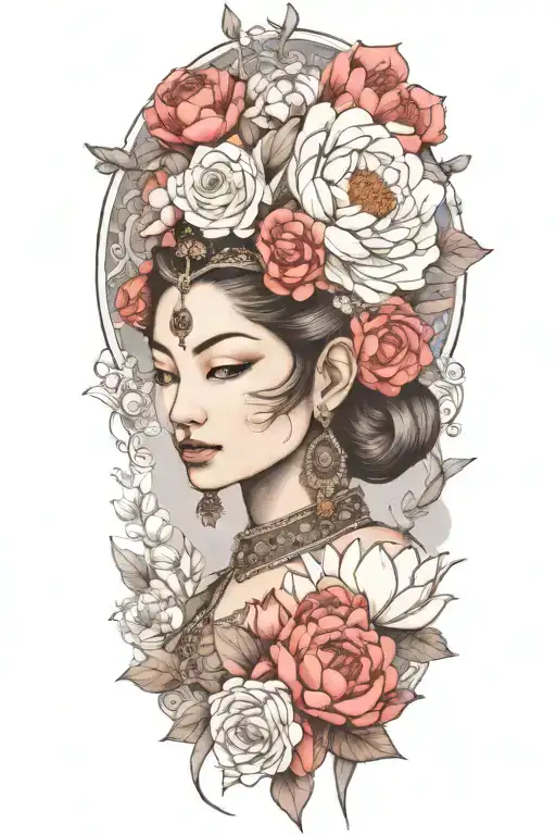 apsara with headdress surrounded by roses, peonies and lotus flowers  tattoo design idea