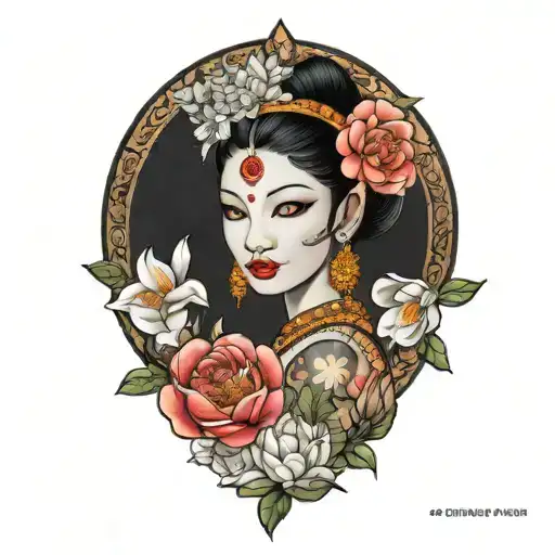 Cambodian apsara surrounded in roses, peonies and rumduol flowers tattoo design idea
