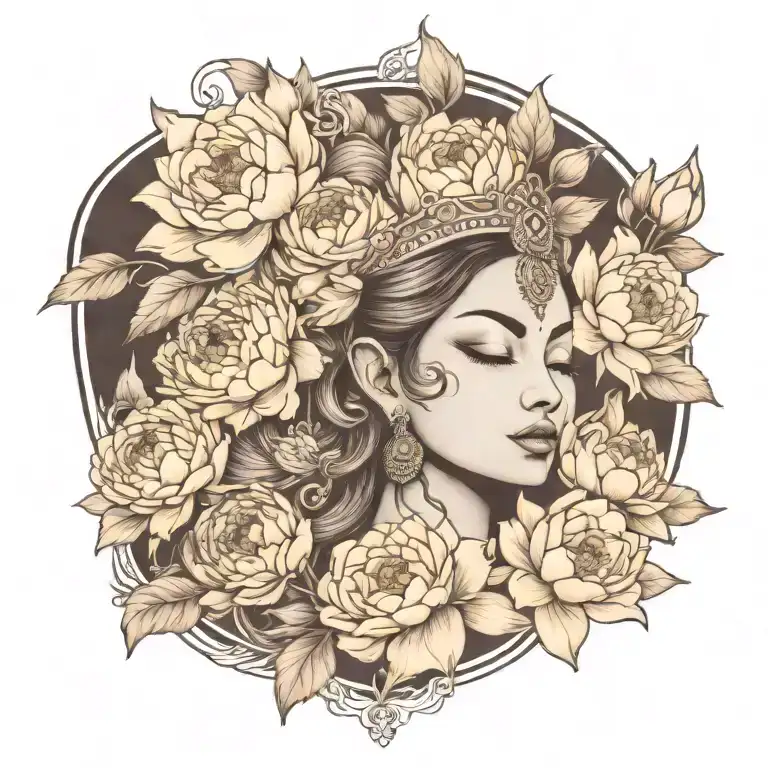 apsara with headdress surrounded by roses, peonies and lotus flowers  tattoo design idea