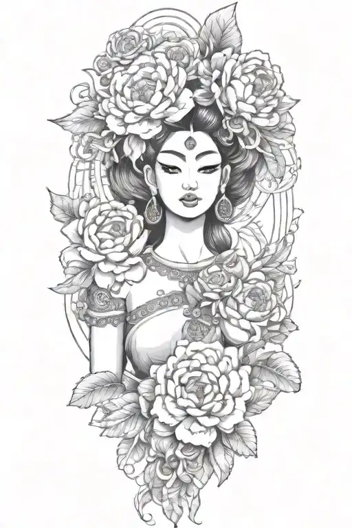 color peonies, roses and rumduol around a Cambodian  apsara with a headdress  tattoo design idea