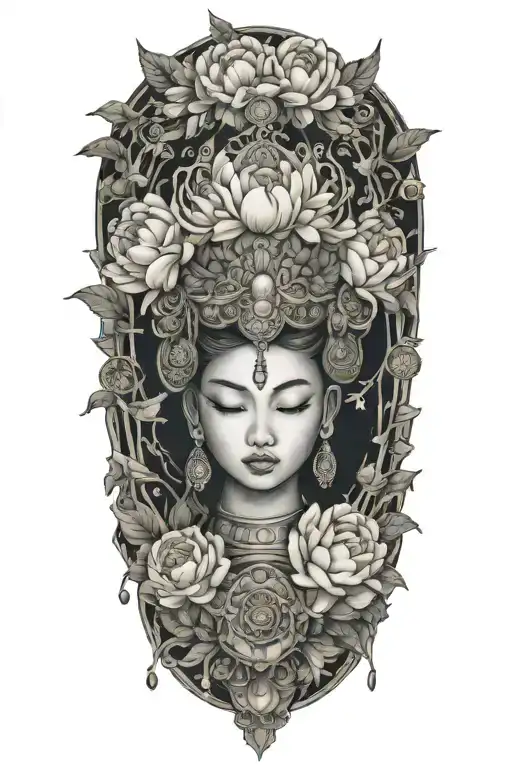 peonies, roses, and rumduol flowers around an apsara head with headdress on tattoo design idea