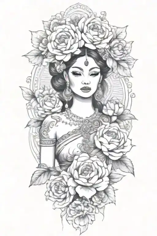 color peonies, roses and rumduol around a Cambodian  apsara dancer with jewelry  tattoo design idea