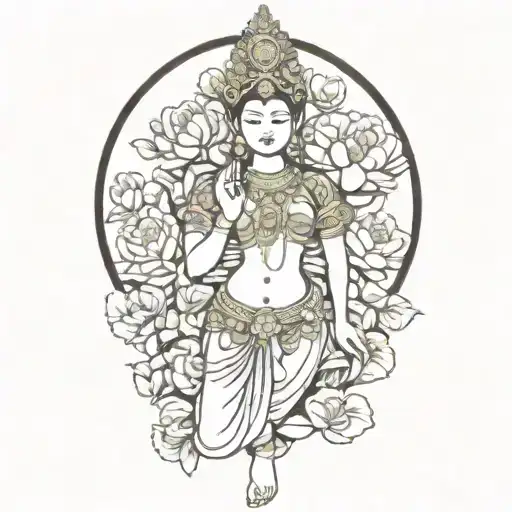 Cambodian apsara surrounded in roses, peonies and rumduol flowers tattoo design idea