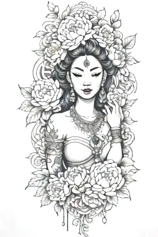 peonies, roses and rumduol around an apsara   add lots of color tattoo design idea