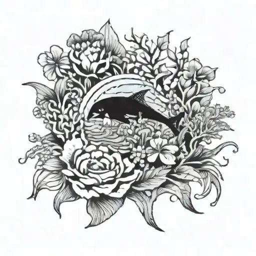 A blackwork tattoo of a serene underwater scene with colorful flowers blooming among coral reefs, blending the client's love for the ocean and flowers tattoo design idea