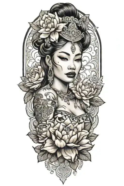 a feminine tattoo of a Cambodian women with lips closed with an apsara headdress surrounded by roses, peonies and lotus tattoo design idea