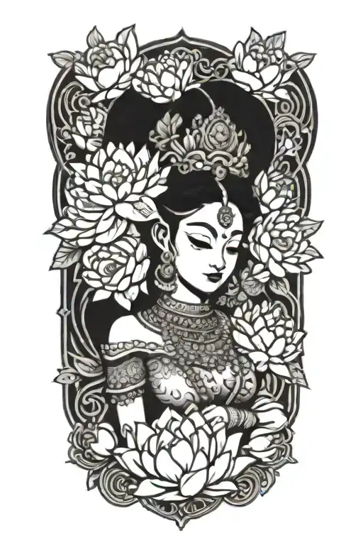 apsara with headdress surrounded by roses, peonies and lotus flowers  tattoo design idea