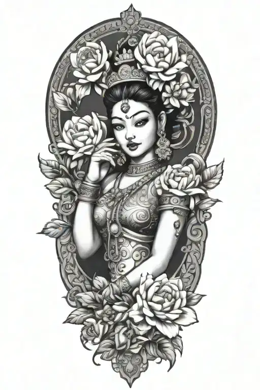 Khmer  apsara with peonies and roses   tattoo design idea