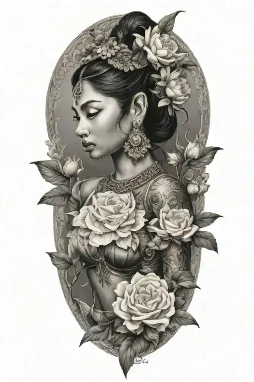 Khmer  apsara with peonies and roses   tattoo design idea