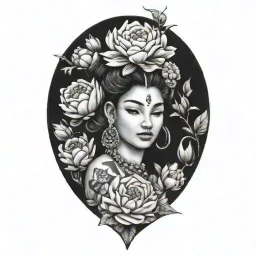 Cambodian apsara surrounded in roses, peonies and rumduol flowers tattoo design idea