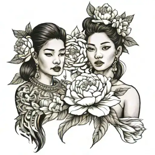 Cambodian women with peonies Roses and larkspur flowers  tattoo design idea