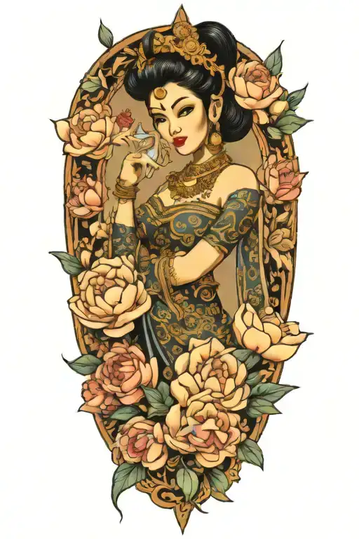 Cambodian apsara with peonies and roses  tattoo design idea