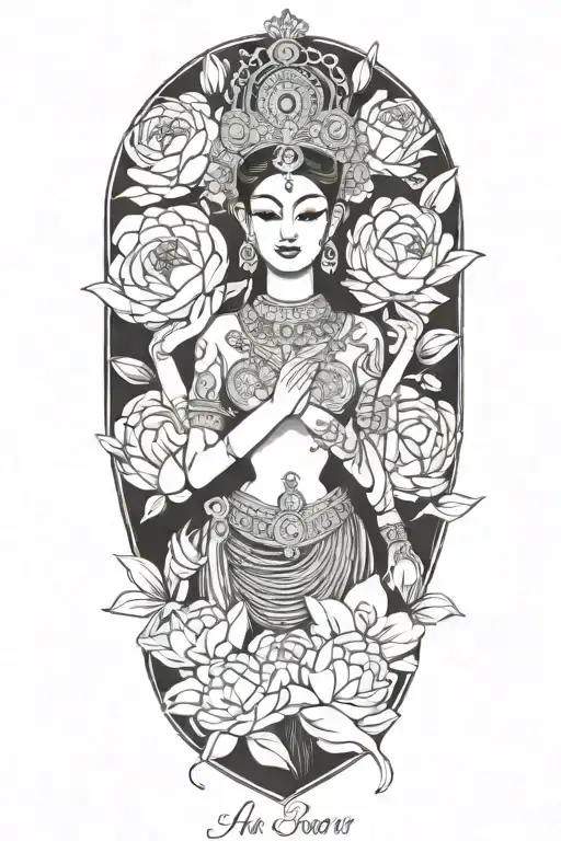 apsara with headdress surrounded by roses, peonies and lotus flowers  tattoo design idea