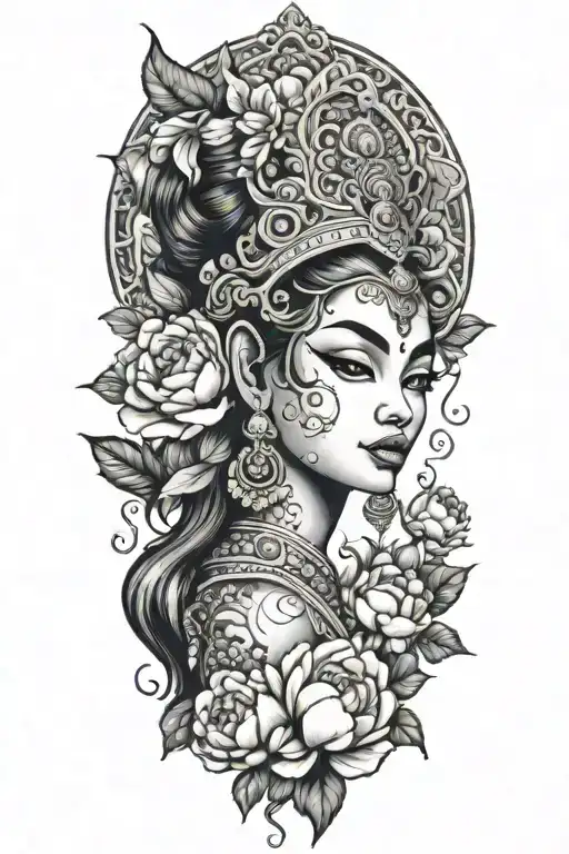 Khmer  apsara with peonies and roses   tattoo design idea
