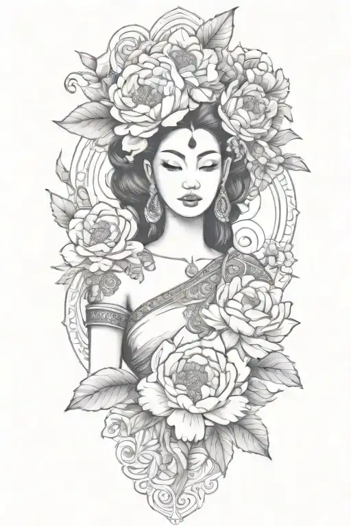color peonies, roses and rumduol around a Cambodian  apsara with jewelry  tattoo design idea