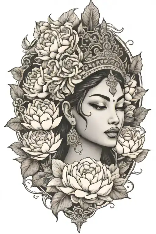 apsara with headdress surrounded by roses, peonies and lotus flowers  tattoo design idea