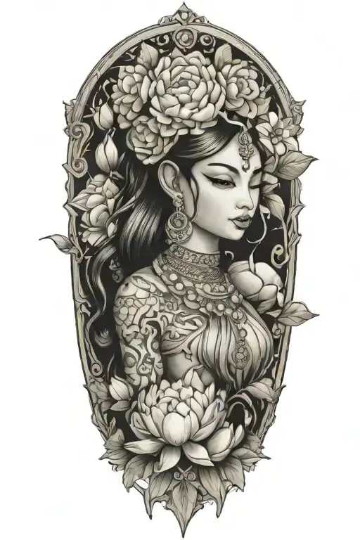 apsara with headdress surrounded by roses, peonies and lotus flowers  tattoo design idea