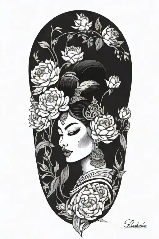 a feminine tattoo of a Cambodian women with lips closed with an apsara headdress surrounded by roses, peonies and lotus tattoo design idea
