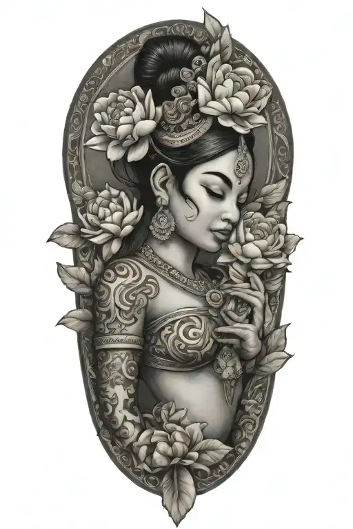 Khmer  apsara with peonies and roses   tattoo design idea