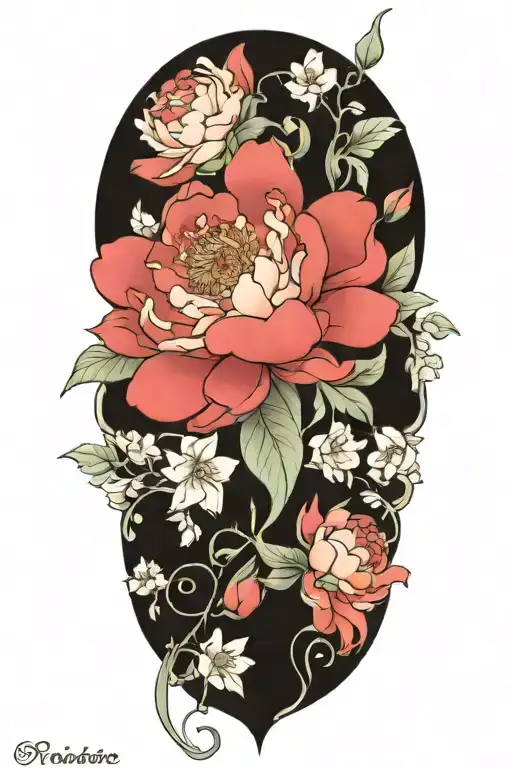 peonies, roses and rumduol around an apsara   tattoo design idea