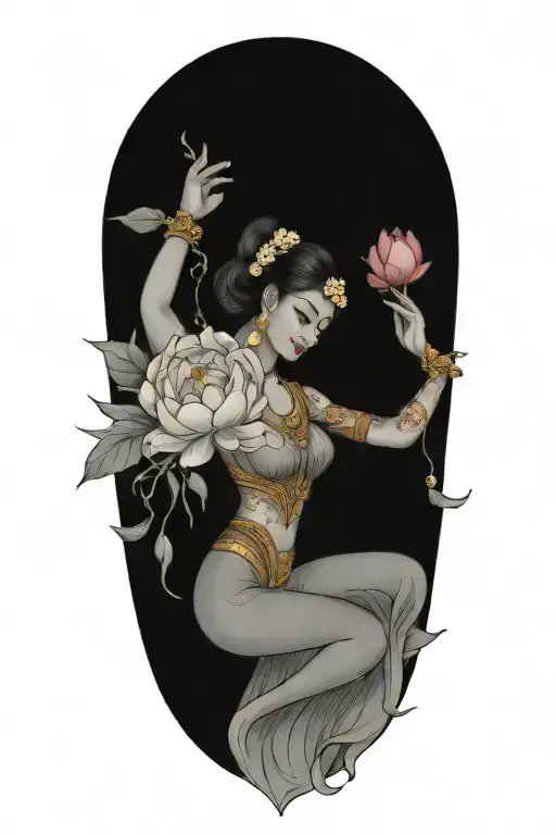 peonies, roses and rumduol around an apsara dancer tattoo design idea