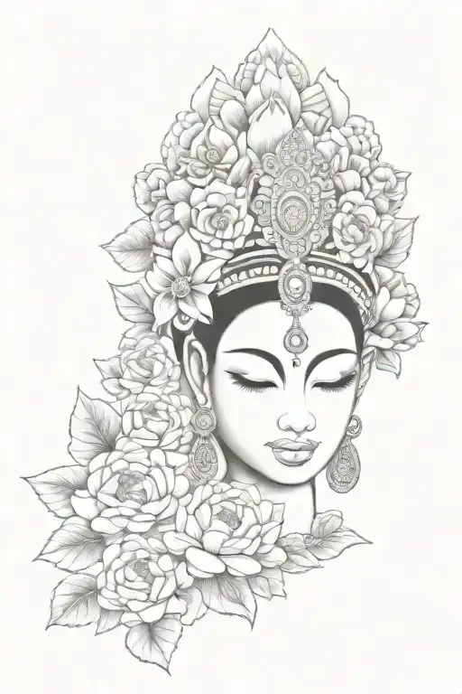 Cambodian apsara face with peonies, lotus flower and roses  tattoo design idea