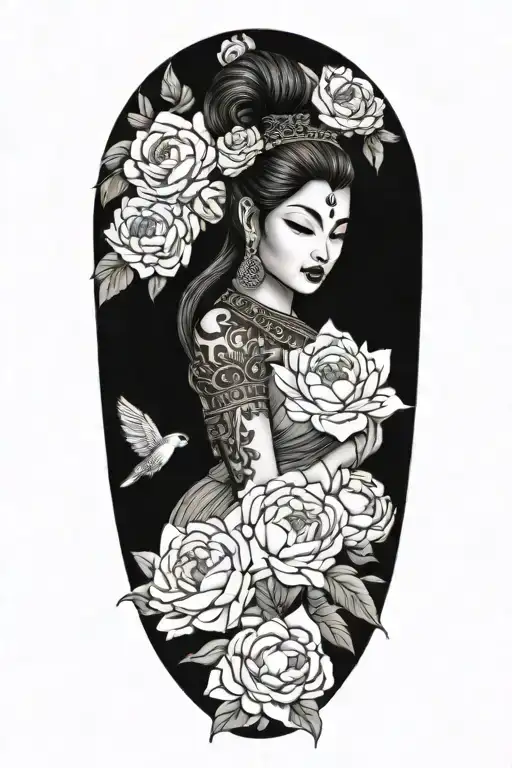 Cambodia apsara with peonies and roses   tattoo design idea