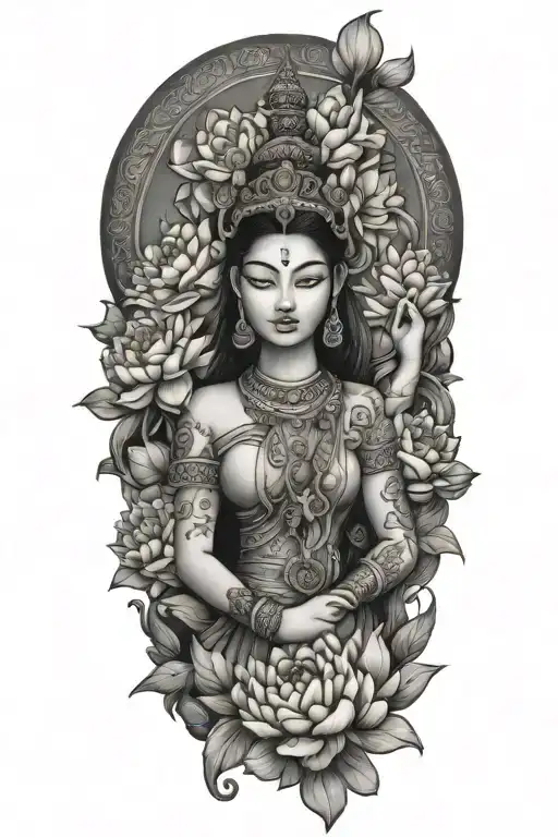 Cambodia apsara surrounded in peonies, roses and lotus flowers tattoo design idea
