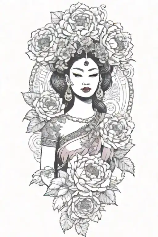 color peonies, roses and rumduol around a Cambodian  apsara dancer with jewelry  tattoo design idea