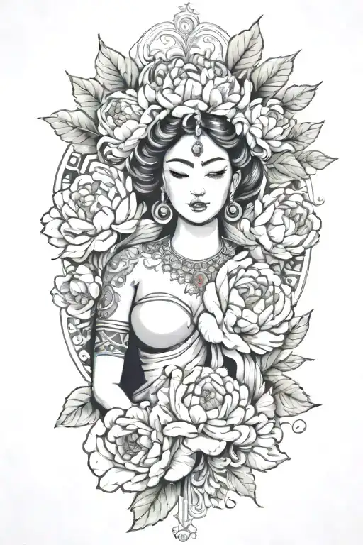 peonies, roses and rumduol around an apsara   add lots of color tattoo design idea