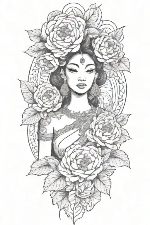 color peonies, roses and rumduol around a Cambodian  apsara tattoo design idea