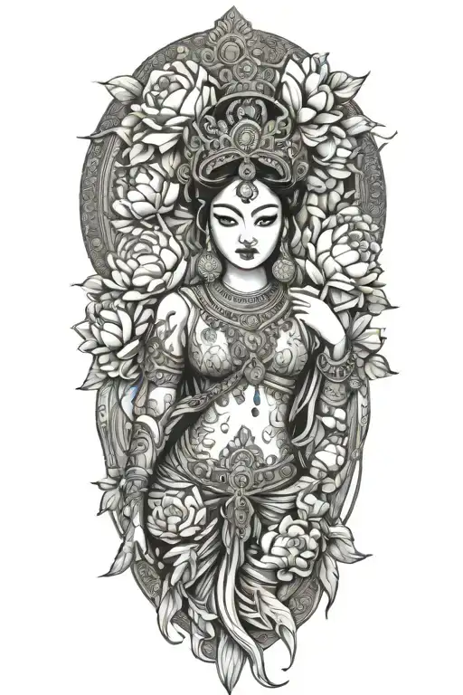 apsara with headdress surrounded by roses, peonies and lotus flowers  tattoo design idea