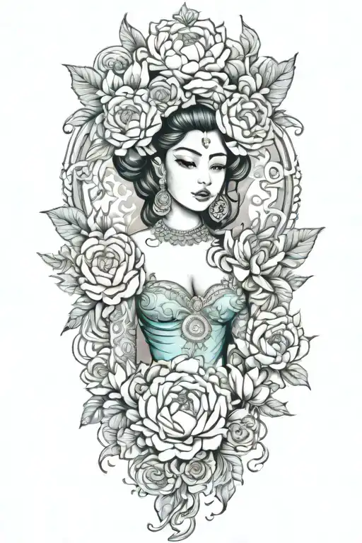 peonies, roses and rumduol around an apsara   add lots of color tattoo design idea