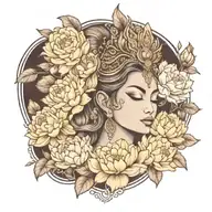 apsara with headdress surrounded by roses, peonies and lotus flowers  tattoo design idea