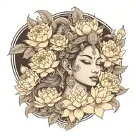 apsara with headdress surrounded by roses, peonies and lotus flowers  tattoo design idea