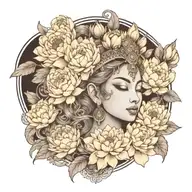 apsara with headdress surrounded by roses, peonies and lotus flowers  tattoo design idea